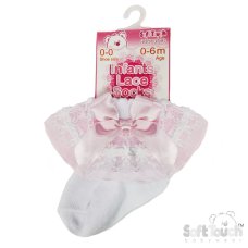 S115-WP: White Lace Socks w/Pink Flower Trim & Bow (NB-18 Months)